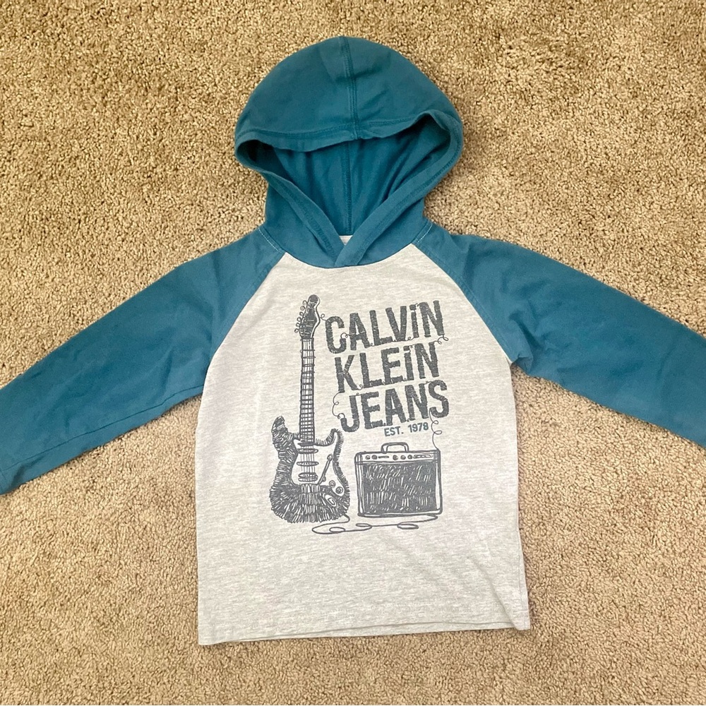 Calvin Klein Jeans Blue and Gray Graphic Hooded Long Sleeve shirt